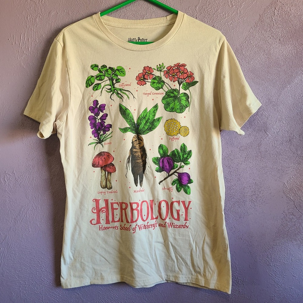 Harry Potter Herbology T-Shirt Mens Large Cream Good Hogwarts Botanical Graphic